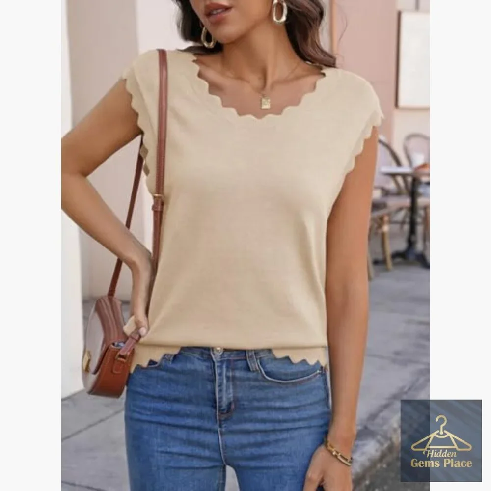 Soft Knit Sweater Vest Tank Top with Scallop Trim Loose Fit